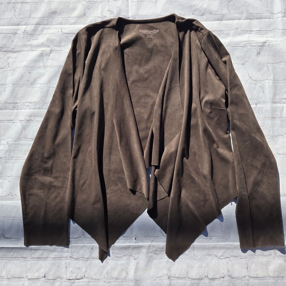 Soft Surroundings Faux Suede Draped Waterfall Cardigan Brown Medium indie sleeze